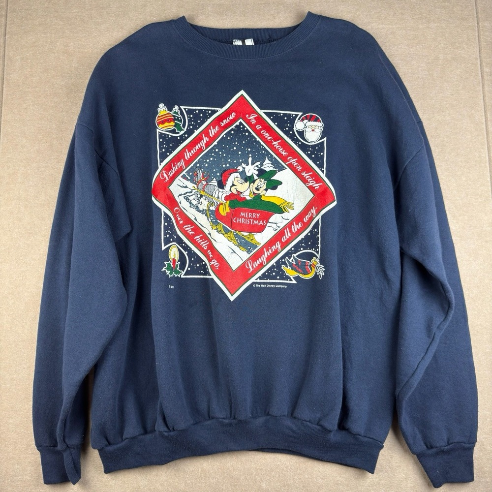 Vintage Disney Sweatshirt Men 2XL Navy Mickey Minnie Christmas Sleigh‎ USA